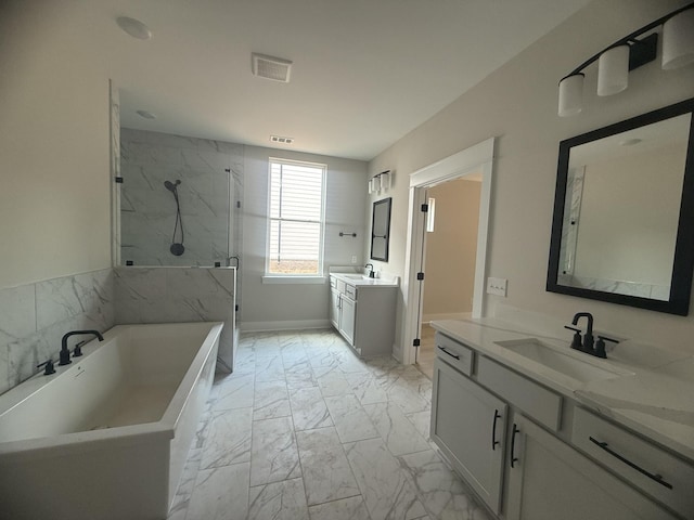 7267 Fairlawn Dr, Fairview, TN 37062 - bathroom featuring marble finish flooring, a marble finish shower, a soaking tub, and two vanities