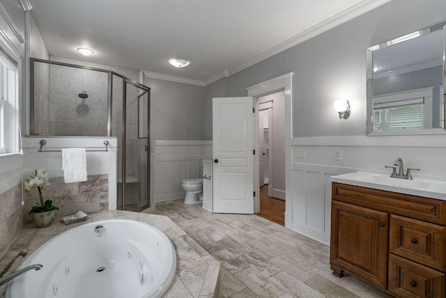 162 Woodmont Blvd, Nashville, TN 37205 - bathroom with a shower stall, a tub with jets, vanity, a decorative wall, and crown molding