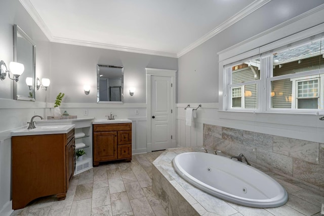 162 Woodmont Blvd, Nashville, TN 37205 - full bath featuring a tub with jets, ornamental molding, two vanities, marble look tiles, and wainscoting