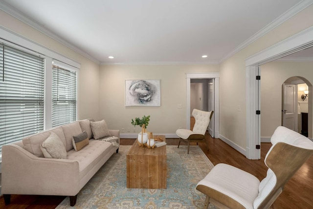 162 Woodmont Blvd, Nashville, TN 37205 - living area featuring arched walkways, wood finished floors, ornamental molding, and recessed lighting