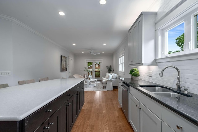 162 Woodmont Blvd, Nashville, TN 37205 - kitchen featuring recessed lighting, backsplash, dishwasher, french doors, and light wood-type flooring