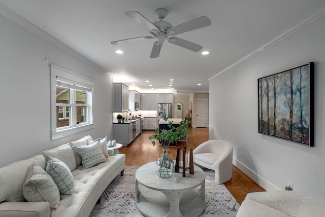 162 Woodmont Blvd, Nashville, TN 37205 - living area with ornamental molding, ceiling fan, recessed lighting, and light wood-style floors