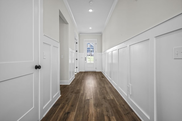 7263 Fairlawn Dr, Fairview, TN 37062 - doorway to outside featuring ornamental molding, a decorative wall, dark wood-style floors, wainscoting, and recessed lighting