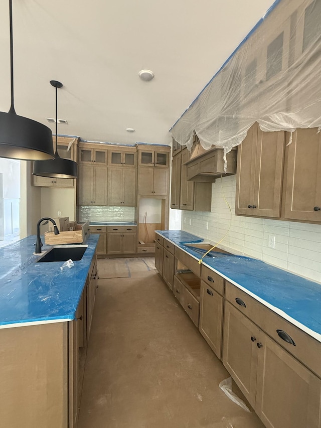 7263 Fairlawn Dr, Fairview, TN 37062 - kitchen with exhaust hood, tasteful backsplash, concrete flooring, glass insert cabinets, and premium range hood