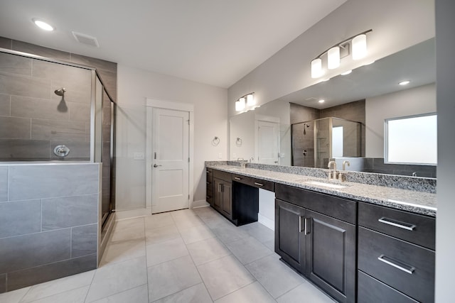 7266 Fairlawn Dr, Fairview, TN 37062 - bathroom featuring a stall shower, double vanity, and tile patterned flooring
