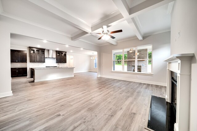 7266 Fairlawn Dr, Fairview, TN 37062 - unfurnished living room featuring beamed ceiling, ceiling fan, a fireplace, light wood finished floors, and coffered ceiling