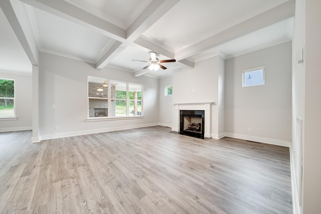 7266 Fairlawn Dr, Fairview, TN 37062 - unfurnished living room featuring a fireplace with flush hearth, a ceiling fan, light wood finished floors, healthy amount of natural light, and beam ceiling
