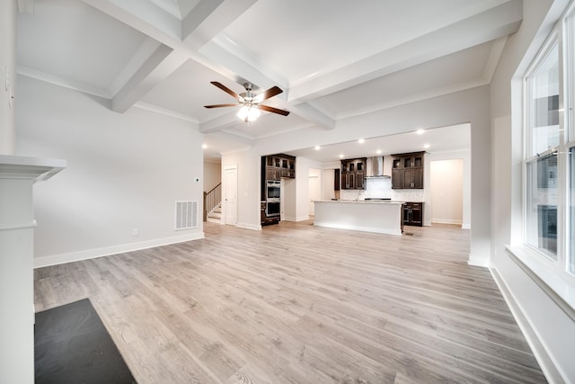 7266 Fairlawn Dr, Fairview, TN 37062 - unfurnished living room featuring a ceiling fan, stairs, beamed ceiling, recessed lighting, and light wood-style floors