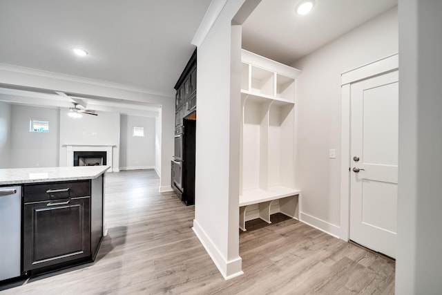 7266 Fairlawn Dr, Fairview, TN 37062 - mudroom with ceiling fan, light wood-style flooring, a fireplace, recessed lighting, and crown molding