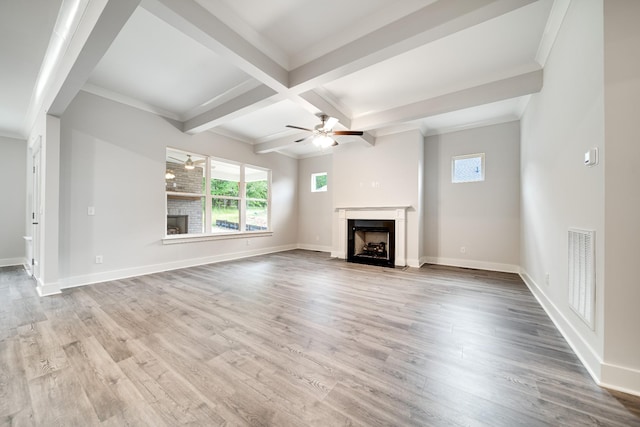 7266 Fairlawn Dr, Fairview, TN 37062 - unfurnished living room featuring a fireplace with flush hearth, wood finished floors, beamed ceiling, a ceiling fan, and coffered ceiling