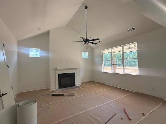 7266 Fairlawn Dr, Fairview, TN 37062 - unfurnished living room with high vaulted ceiling, a fireplace with flush hearth, and a ceiling fan