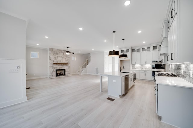 7233 Richvale Dr W, Fairview, TN 37062 - kitchen with stainless steel appliances, ceiling fan, a stone fireplace, open floor plan, and tasteful backsplash