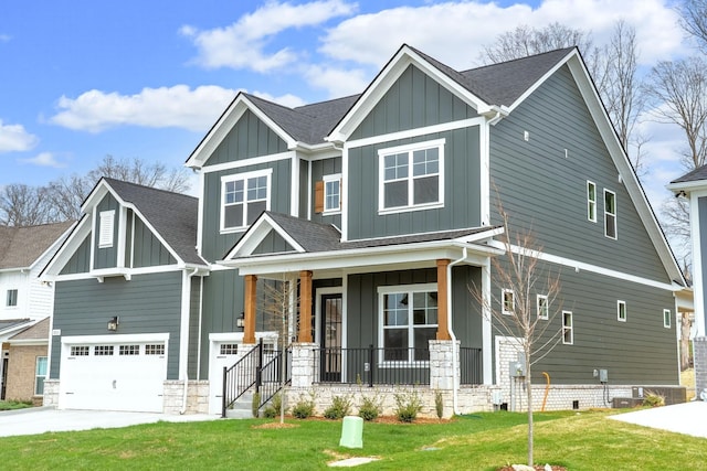 7233 Richvale Dr W, Fairview, TN 37062 - craftsman-style house featuring board and batten siding, a porch, a front lawn, an attached garage, and roof with shingles