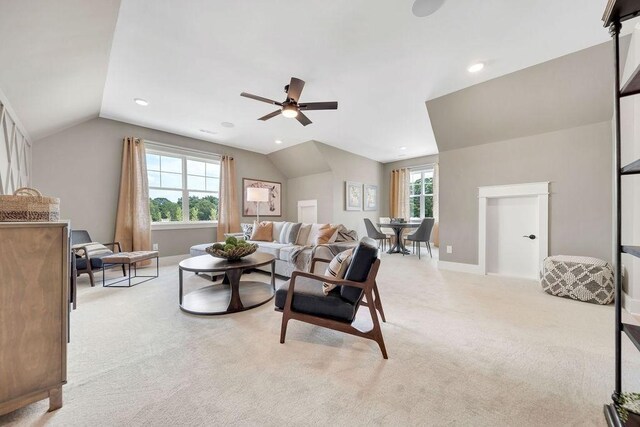 7428 Twill Heights Loop W, Fairview, TN 37062 - living area with ceiling fan, light carpet, vaulted ceiling, and recessed lighting