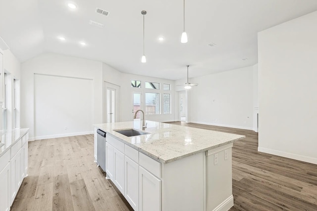 7261 Fairlawn Dr, Fairview, TN 37062 - kitchen featuring light wood finished floors, a ceiling fan, white cabinetry, vaulted ceiling, and recessed lighting