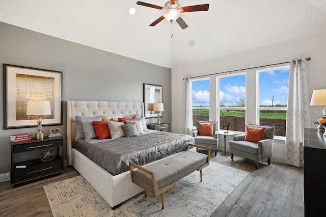 7261 Fairlawn Dr, Fairview, TN 37062 - bedroom featuring wood finished floors, high vaulted ceiling, and a ceiling fan