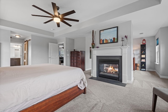 1301 Drury Ln, Mount Juliet, TN 37122 - bedroom with carpet floors, a multi sided fireplace, a ceiling fan, and ensuite bath