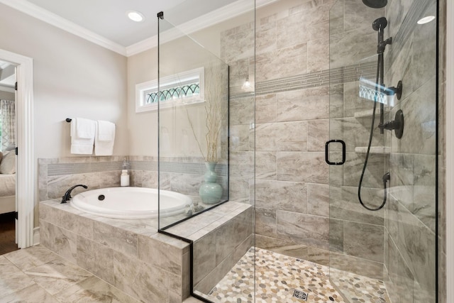 624 Twin View Dr, Murfreesboro, TN 37128 - full bathroom with a bath, crown molding, and a stall shower