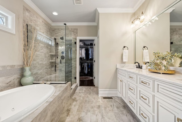 624 Twin View Dr, Murfreesboro, TN 37128 - full bathroom with double vanity, a shower stall, a garden tub, marble look tiles, and ornamental molding