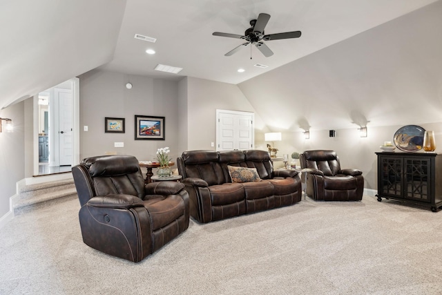 624 Twin View Dr, Murfreesboro, TN 37128 - living room featuring lofted ceiling, carpet floors, ceiling fan, and recessed lighting