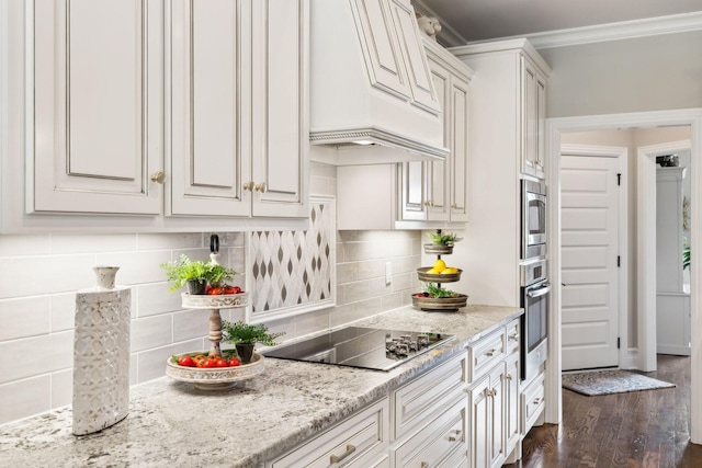 624 Twin View Dr, Murfreesboro, TN 37128 - kitchen featuring custom range hood, stainless steel appliances, ornamental molding, dark wood-style flooring, and decorative backsplash