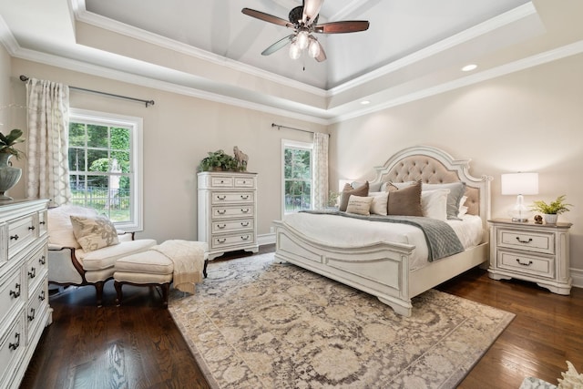 624 Twin View Dr, Murfreesboro, TN 37128 - bedroom with multiple windows, a raised ceiling, dark wood finished floors, crown molding, and a ceiling fan