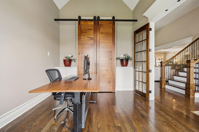624 Twin View Dr, Murfreesboro, TN 37128 - office area with high vaulted ceiling, wood finished floors, a barn door, and a chandelier