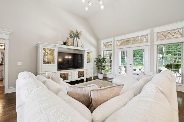 624 Twin View Dr, Murfreesboro, TN 37128 - living area featuring high vaulted ceiling, dark wood-style flooring, plenty of natural light, french doors, and a chandelier