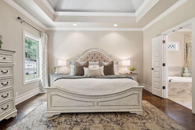 624 Twin View Dr, Murfreesboro, TN 37128 - bedroom featuring a raised ceiling, dark wood finished floors, crown molding, ensuite bathroom, and recessed lighting