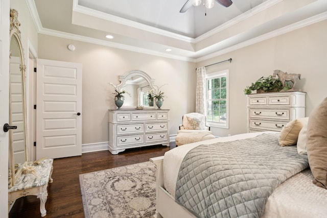 624 Twin View Dr, Murfreesboro, TN 37128 - bedroom with dark wood-style floors, a raised ceiling, crown molding, recessed lighting, and a ceiling fan