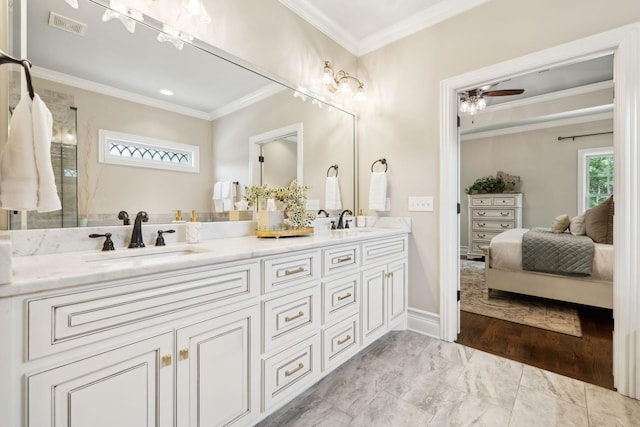 624 Twin View Dr, Murfreesboro, TN 37128 - full bathroom featuring ensuite bathroom, double vanity, ornamental molding, a ceiling fan, and marble look tile flooring