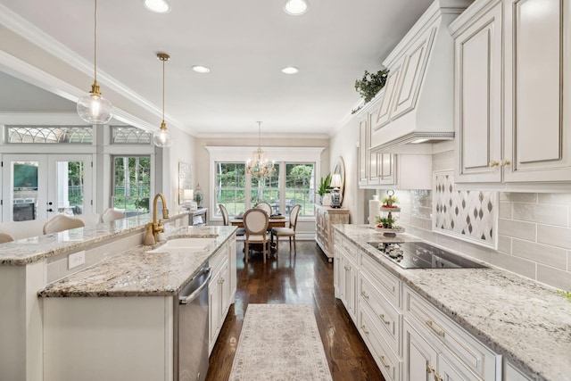 624 Twin View Dr, Murfreesboro, TN 37128 - kitchen featuring black electric stovetop, dark wood-style flooring, stainless steel dishwasher, crown molding, and backsplash
