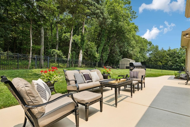 624 Twin View Dr, Murfreesboro, TN 37128 - fenced backyard with an outdoor living space, a patio, and view of wooded area