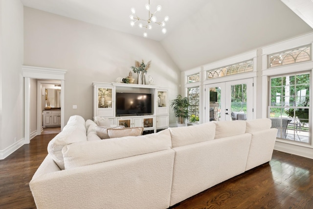 624 Twin View Dr, Murfreesboro, TN 37128 - living room featuring high vaulted ceiling, a chandelier, dark wood-style floors, and french doors