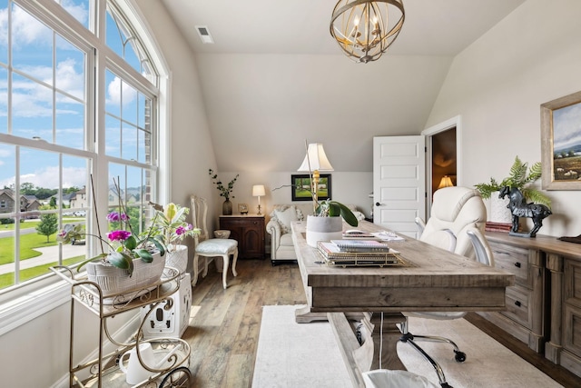 624 Twin View Dr, Murfreesboro, TN 37128 - home office featuring vaulted ceiling, light wood-type flooring, and a chandelier