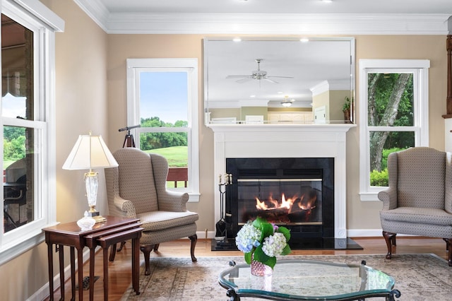 395 Glendower Pl, Franklin, TN 37064 - living area featuring wood finished floors, a glass covered fireplace, ceiling fan, and crown molding