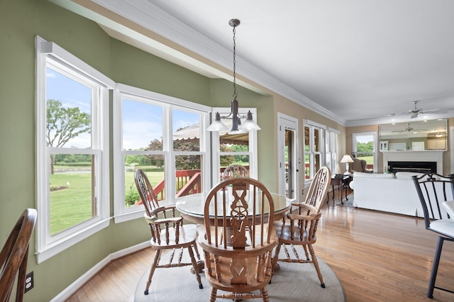 395 Glendower Pl, Franklin, TN 37064 - dining space featuring light wood finished floors, a ceiling fan, crown molding, and a fireplace