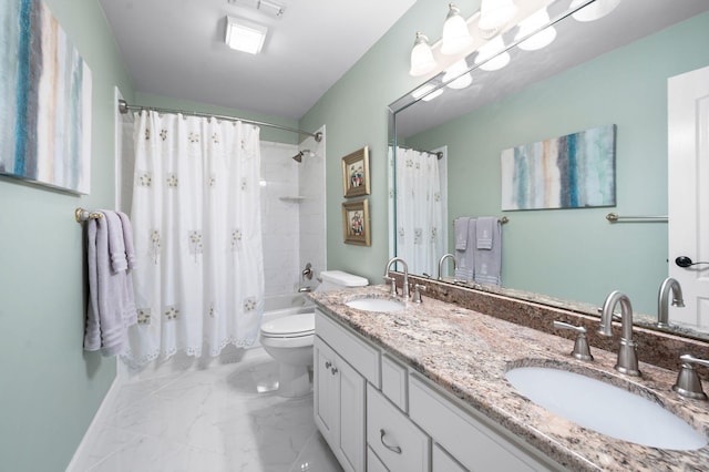395 Glendower Pl, Franklin, TN 37064 - full bathroom featuring double vanity, shower / bath combination with curtain, and marble finish floors