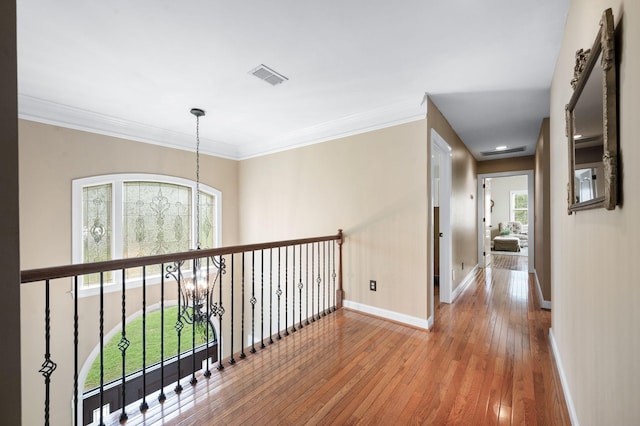 395 Glendower Pl, Franklin, TN 37064 - corridor with a chandelier, hardwood / wood-style flooring, ornamental molding, and recessed lighting