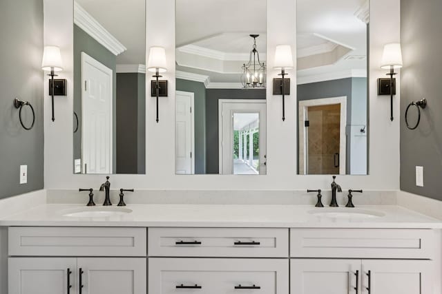 1061 Alford Rd, Murfreesboro, TN 37129 - bathroom with double vanity, ornamental molding, a raised ceiling, and tiled shower
