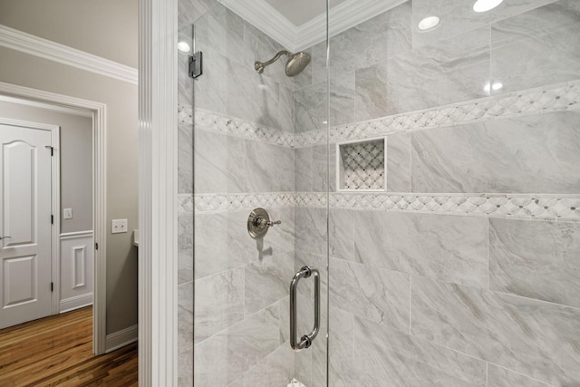 1061 Alford Rd, Murfreesboro, TN 37129 - bathroom with a shower stall, crown molding, and wood finished floors