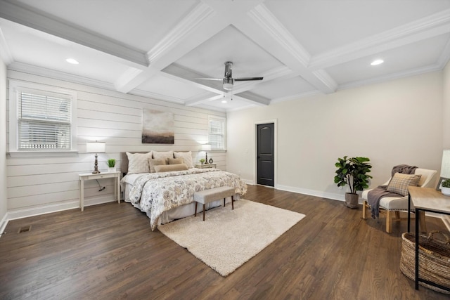 773 Curve St, Chattanooga, TN 37405 - bedroom with coffered ceiling, multiple windows, beam ceiling, dark wood-type flooring, and recessed lighting