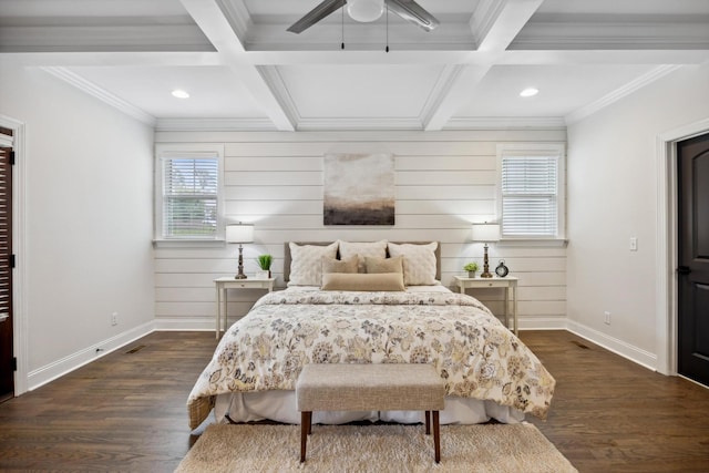 773 Curve St, Chattanooga, TN 37405 - bedroom with recessed lighting, dark wood-style flooring, beamed ceiling, ornamental molding, and a ceiling fan