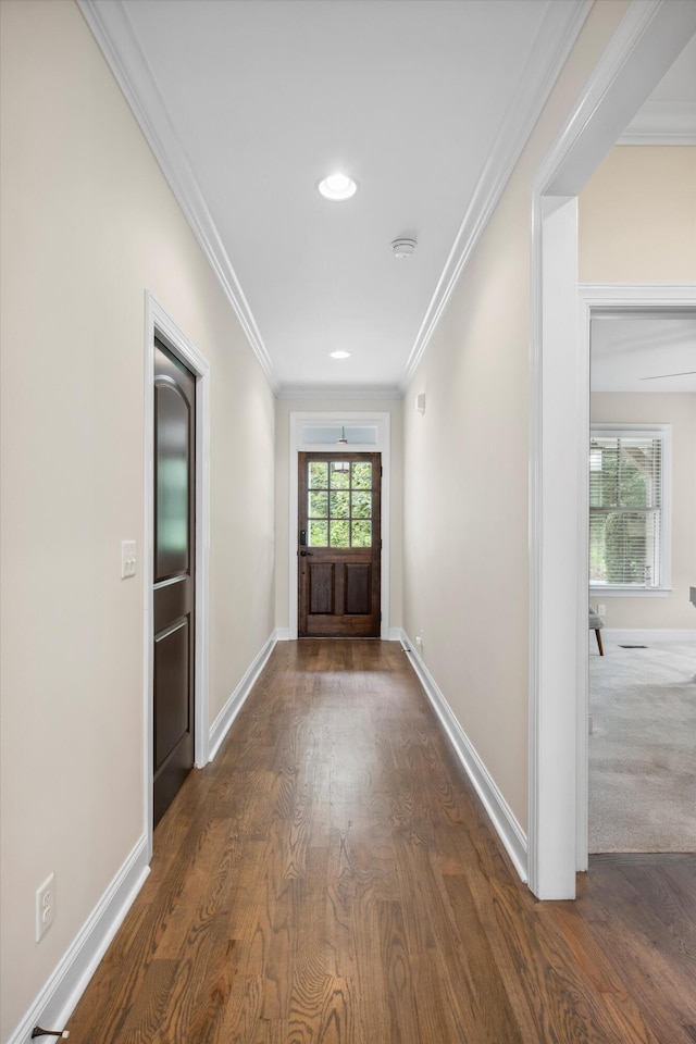 773 Curve St, Chattanooga, TN 37405 - doorway to outside featuring dark wood-type flooring, ornamental molding, and recessed lighting
