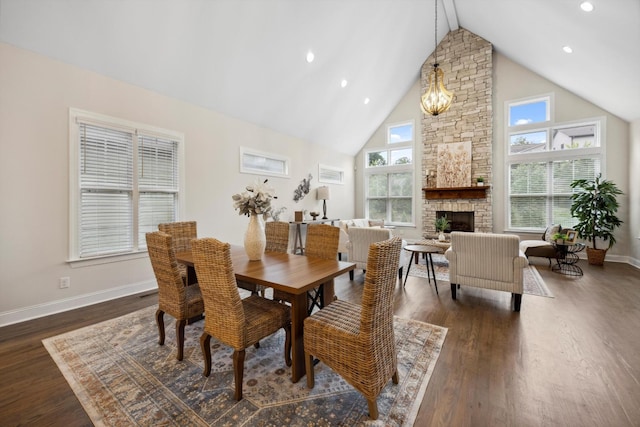 773 Curve St, Chattanooga, TN 37405 - dining area featuring a fireplace, high vaulted ceiling, wood finished floors, and recessed lighting