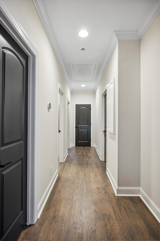 773 Curve St, Chattanooga, TN 37405 - corridor featuring attic access, dark wood-type flooring, crown molding, and recessed lighting