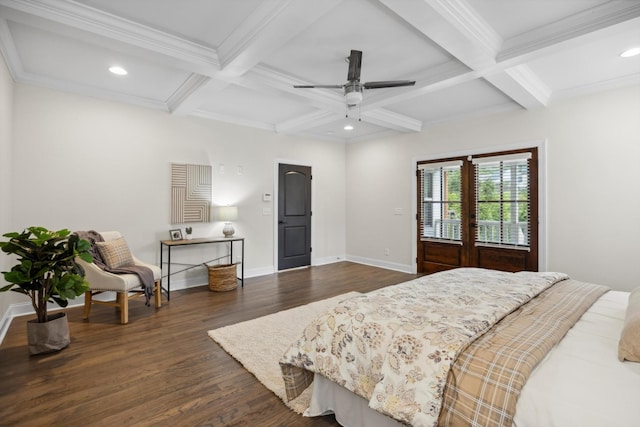 773 Curve St, Chattanooga, TN 37405 - bedroom with coffered ceiling, dark wood-type flooring, beamed ceiling, recessed lighting, and a ceiling fan