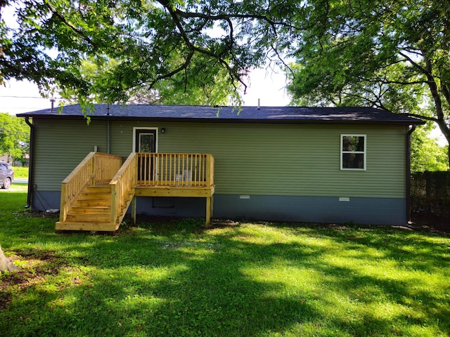 1204 W Lane St, Shelbyville, TN 37160 - back of property featuring crawl space, a yard, a wooden deck, and stairs
