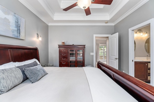 655 Lakeside Dr, Smithville, TN 37166 - bedroom with a raised ceiling, ornamental molding, connected bathroom, and ceiling fan