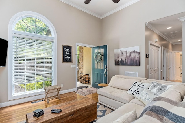 655 Lakeside Dr, Smithville, TN 37166 - living room featuring wood finished floors, crown molding, plenty of natural light, a ceiling fan, and attic access